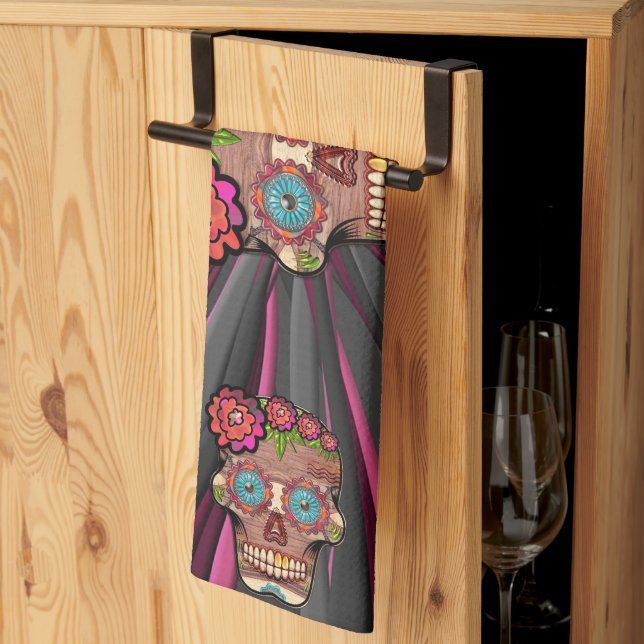 Linge De Cuisine Crâne de sucre en bois sculpté avec couronne fleur (Pliage en tiers)