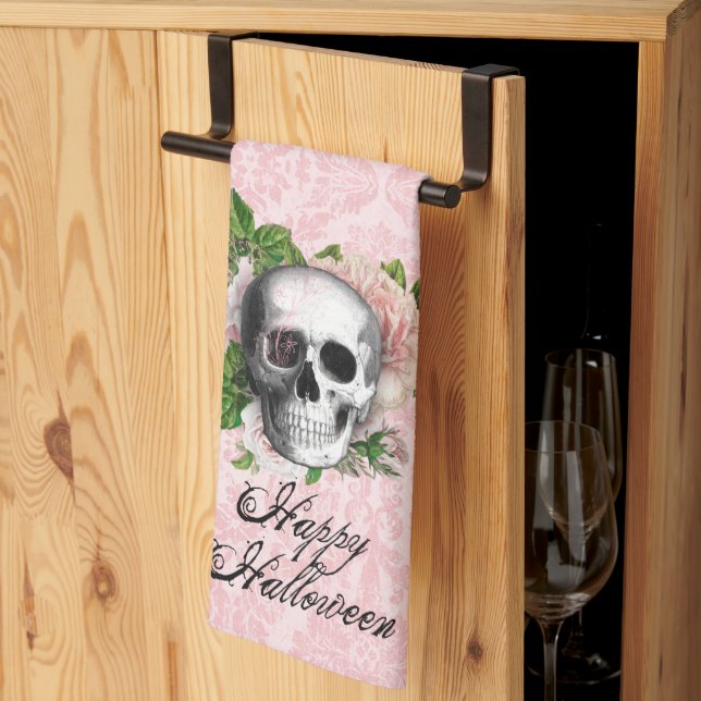 Linge De Cuisine Crâne gothique avec Halloween Rose (Pliage en tiers)