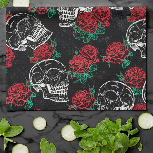 Linge De Cuisine Crânes et roses rouges | Grunge gothique moderne (Créateur téléchargé)