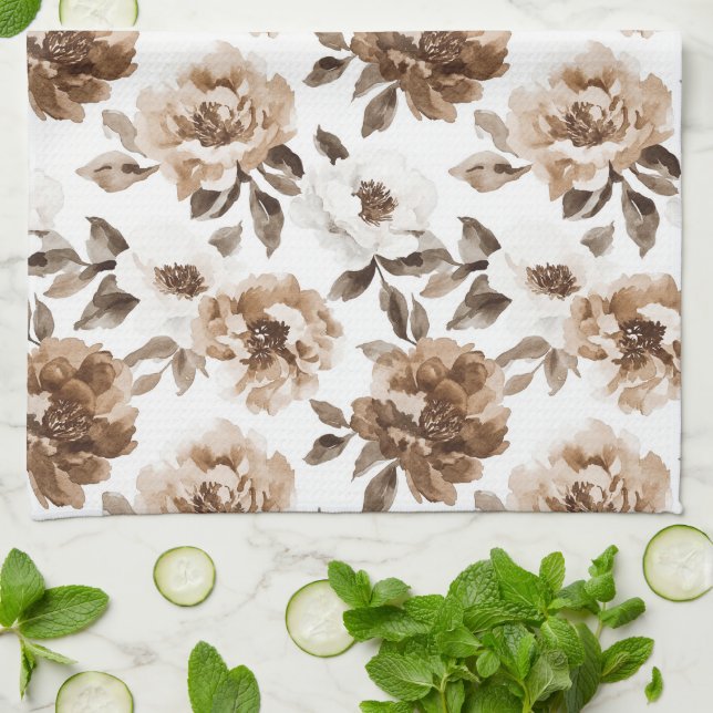 Linge De Cuisine Crème Brown Fleurs blanches Noël (Plié)