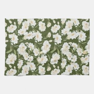 Linge De Cuisine Crème et floral olive