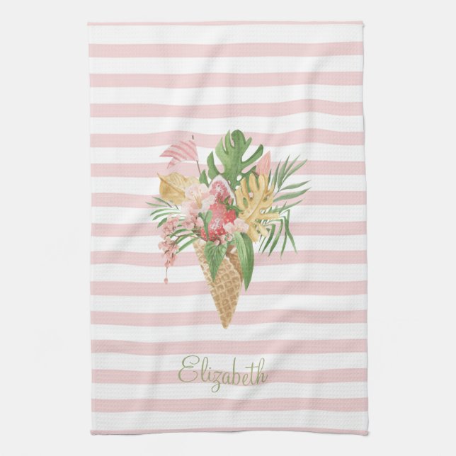 Linge De Cuisine Crème glacée, Fruit Feuille tropical, Grès roses (Vertical)