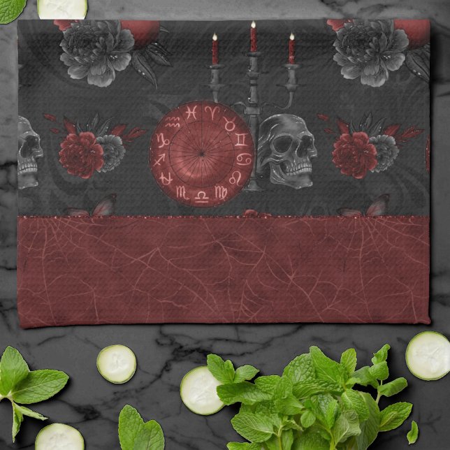Linge De Cuisine Crimson magique Zodiac | Rose de crâne gothique ro (Créateur téléchargé)