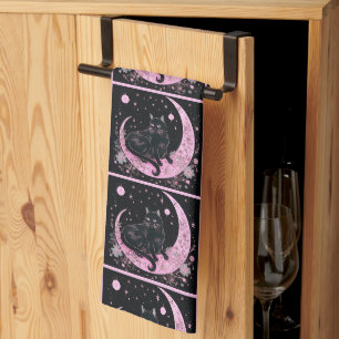 Linge De Cuisine Croissant de lune floral chat noir rose Halloween