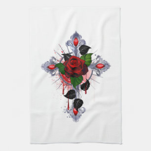 Linge De Cuisine Croix d'argent avec une rose rouge