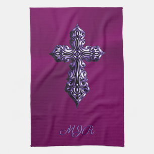 Linge De Cuisine Croix gothique à l'apparence bossée en violet avec