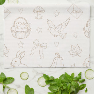 Linge De Cuisine Croquis Marron Crème Paniers Oiseaux Lapins