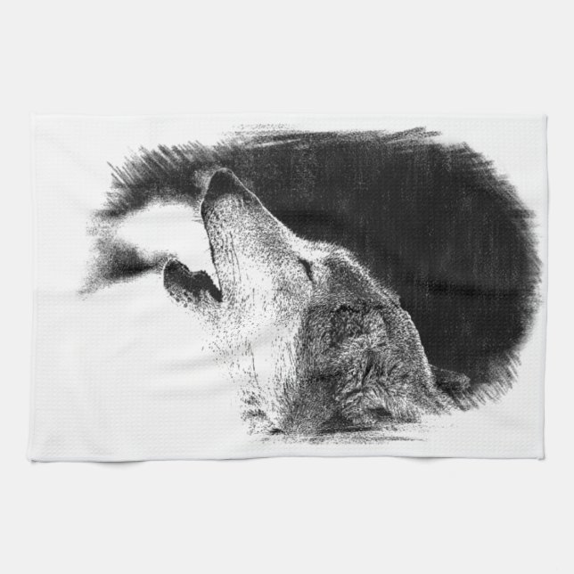 Linge De Cuisine Croquis noir et blanc Loup gris (Horizontal)