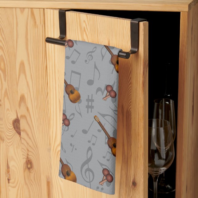 Linge De Cuisine Cuatro and Maracas with Music Notes on LIGHT GREY (Pliage en tiers)