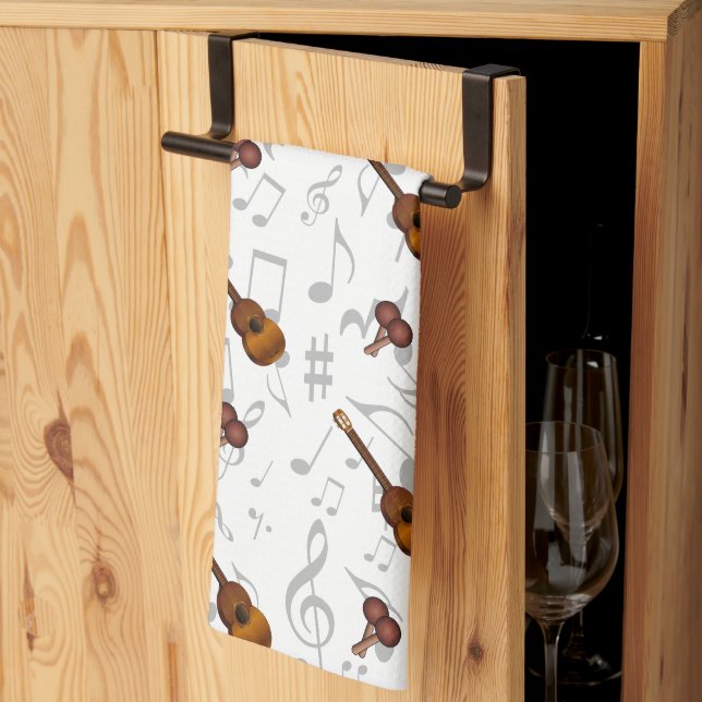 Linge De Cuisine Cuatro and Maracas with Music Notes on WHITE (Pliage en tiers)