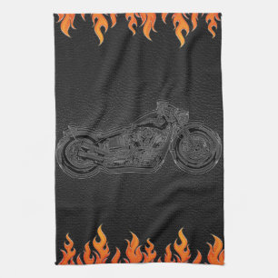 Linge De Cuisine Cuir noir flammes orange feu chaud moto
