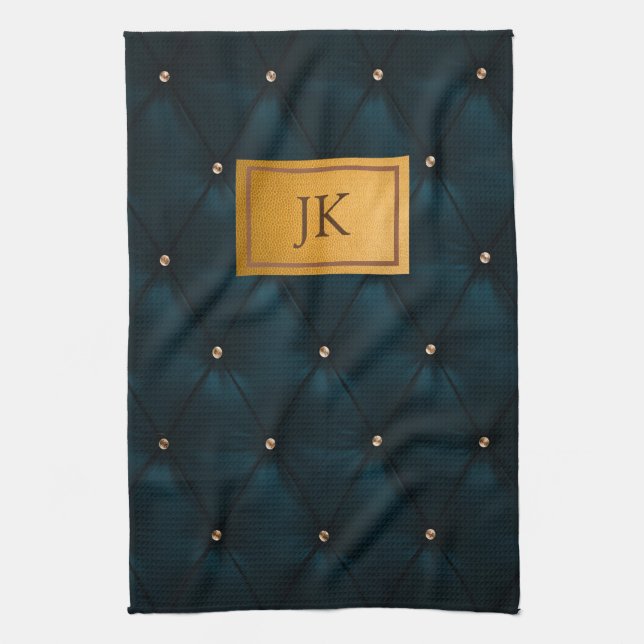 Linge De Cuisine Cuir Vert Élégant, Diamants, Monogramme (Vertical)