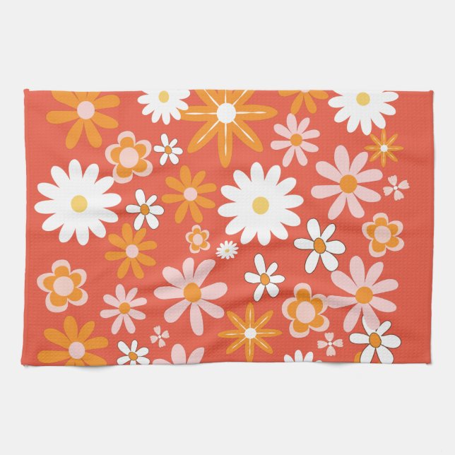 Linge De Cuisine Cuisine à fleurs orangée rétro des années 1960  (Horizontal)