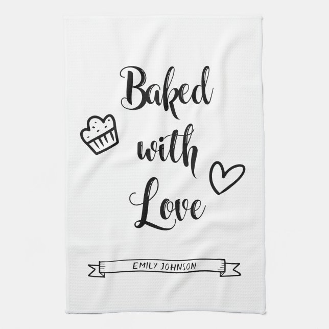 Linge De Cuisine Cuit avec amour Nom personnalisé Noir & Blanc (Vertical)