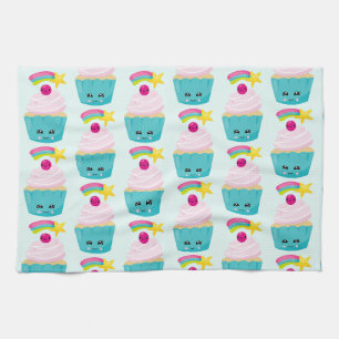 Linge De Cuisine Cupcake bleu mignon avec visage Kawaii