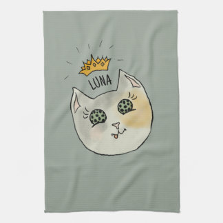 Linge De Cuisine Custom Cat Name Art - Chubby White Cat with Crown