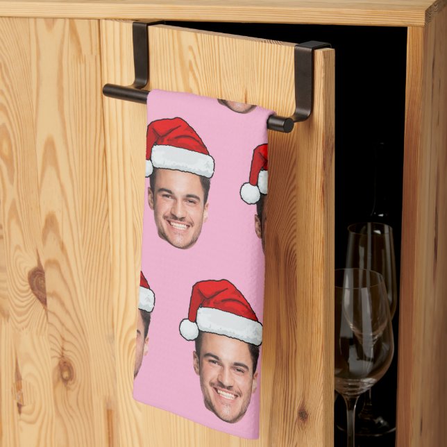 Linge De Cuisine Custom Face Photo Santa Hat Christmas Pink (Pliage en tiers)