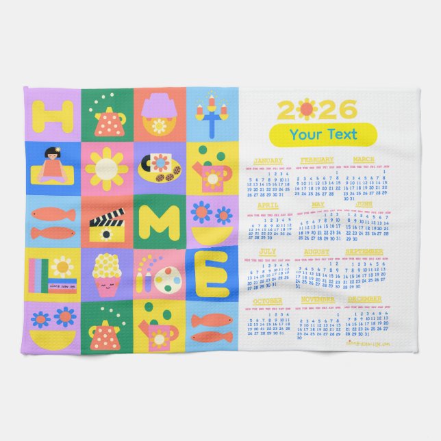 Linge De Cuisine Customisé Cute and Happy Home Calender 2026 (Horizontal)