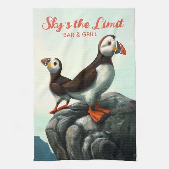 Linge De Cuisine Cute Atlantic Puffins Oiseaux de mer sur les roche (Vertical)