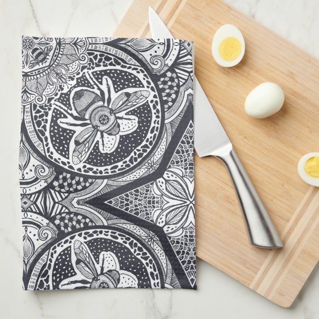 Linge De Cuisine Cute Bee Mandala Hand-Drawn (Quart Plié)