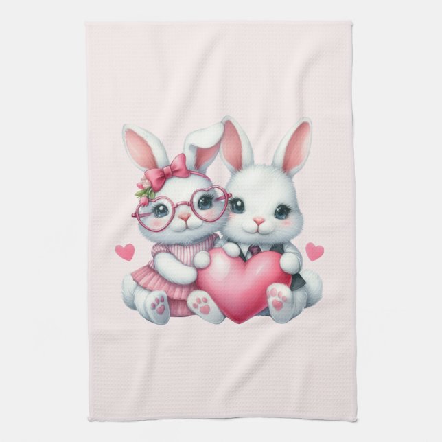 Linge De Cuisine Cute Bunnies Sharing a Heart (Vertical)
