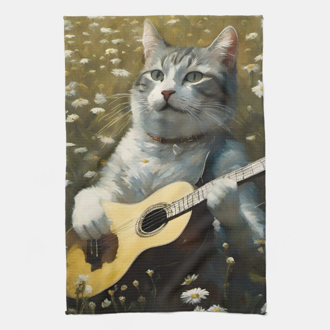 Linge De Cuisine Cute Chat Kitten Jouer Guitare Acoustique (Vertical)
