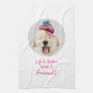 Linge De Cuisine Cute Fluffy Chien avec un chat sur sa tête Personn
