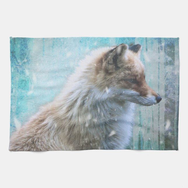 Linge De Cuisine Cute Furry Fox sur Blue Grunge Arrière - plan (Horizontal)