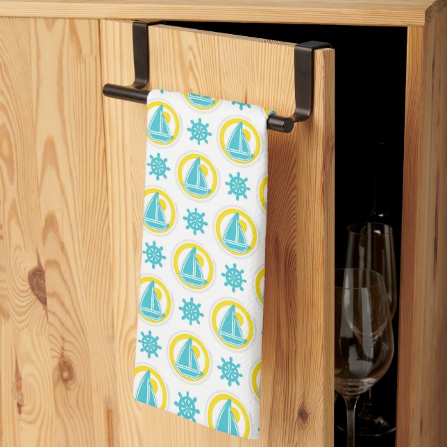 Linge De Cuisine Cute Jaune et Bleu Motif nautique (Pliage en tiers)