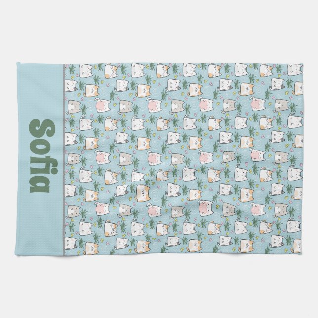 Linge De Cuisine Cute kawaii kitty motif azure bleu nom (Horizontal)