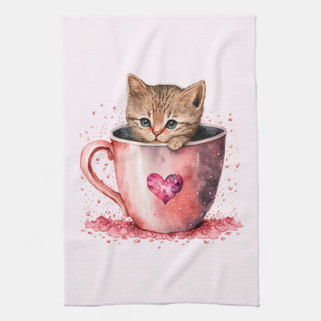 Linge De Cuisine Cute Kitten dans un Teacup avec les coeurs (Vertical)
