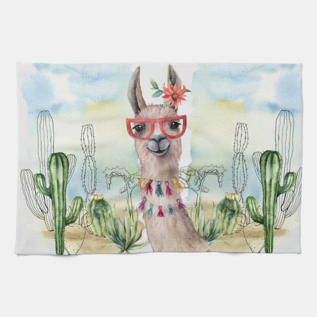 Linge De Cuisine Cute Llama À Fleur (Horizontal)