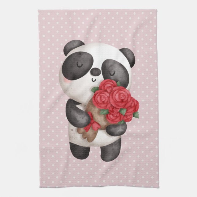 Linge De Cuisine Cute Ours Panda avec Bouquet de Rose sur Pois (Vertical)