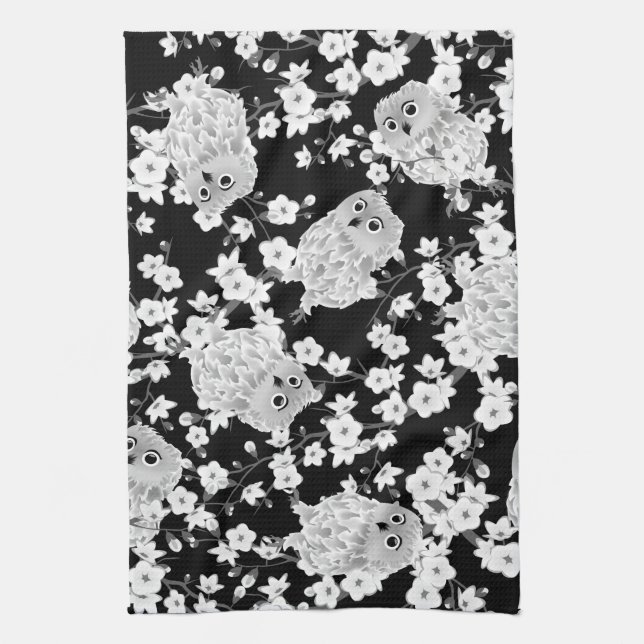 Linge De Cuisine Cute Owl Motif Noir et blanc (Vertical)