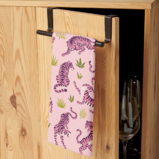 Linge De Cuisine Cute Pink Tigers Tropical Leaves Abstract Animal