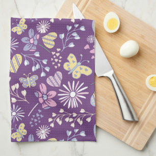 Linge De Cuisine Cute Purple Coeurs Rétro Fleurs Papillons
