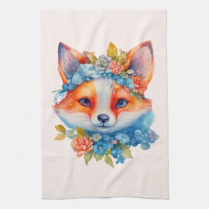 Linge De Cuisine Cute Renard orange avec Couronne florale