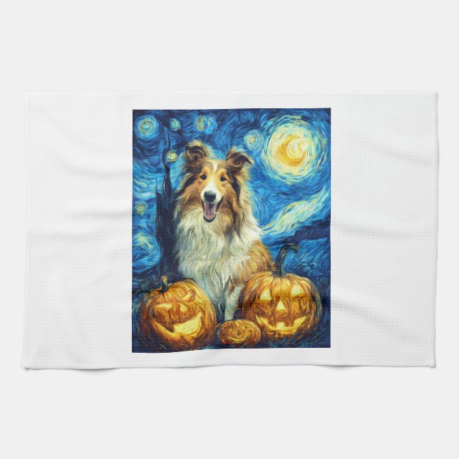 Linge De Cuisine Cute Rough Collie Dog Halloween Jack O Lantern Pum (Horizontal)