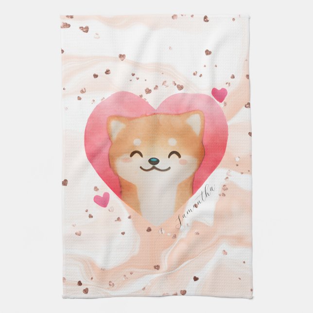 Linge De Cuisine Cute Shiba Inu dans un coeur (Vertical)