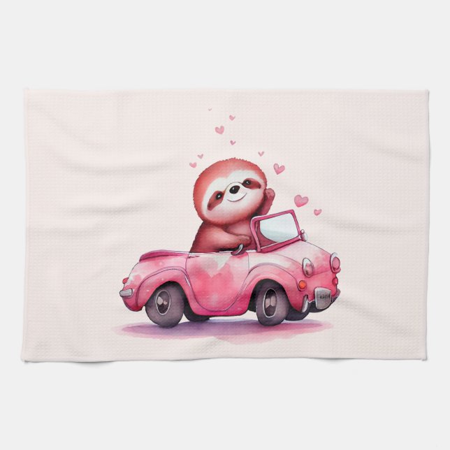 Linge De Cuisine Cute Sloth in a Pink Convertible (Horizontal)