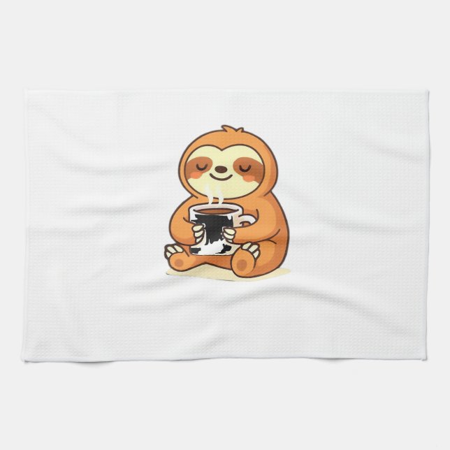 Linge De Cuisine Cute Sloth Relaxing with Hot Coffee Premium T-Shir (Horizontal)