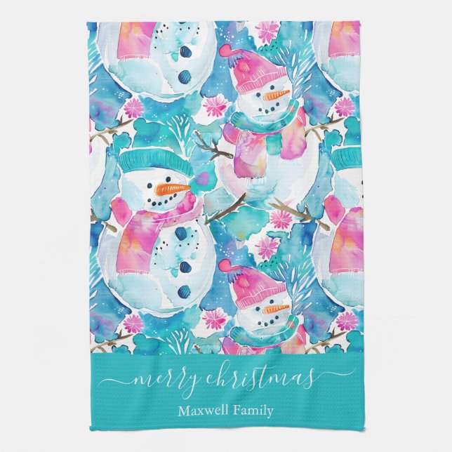 Linge De Cuisine Cute turquoise snowmen script christmas (Vertical)