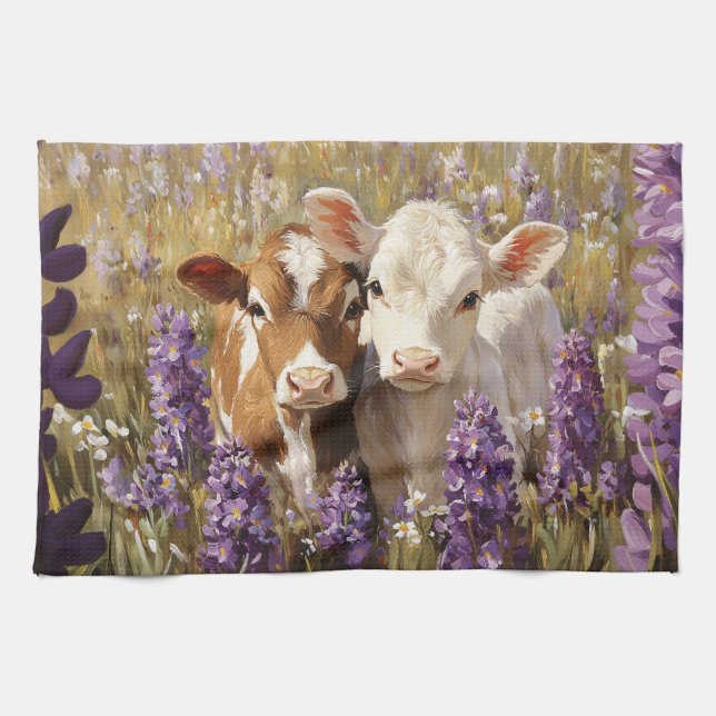 Linge De Cuisine Cute Vaches Laitières Calves Lupines Fleurs (Horizontal)