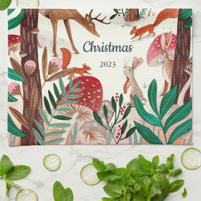 Linge De Cuisine Cute Woodland Animaux Forêt de Noël (Plié)