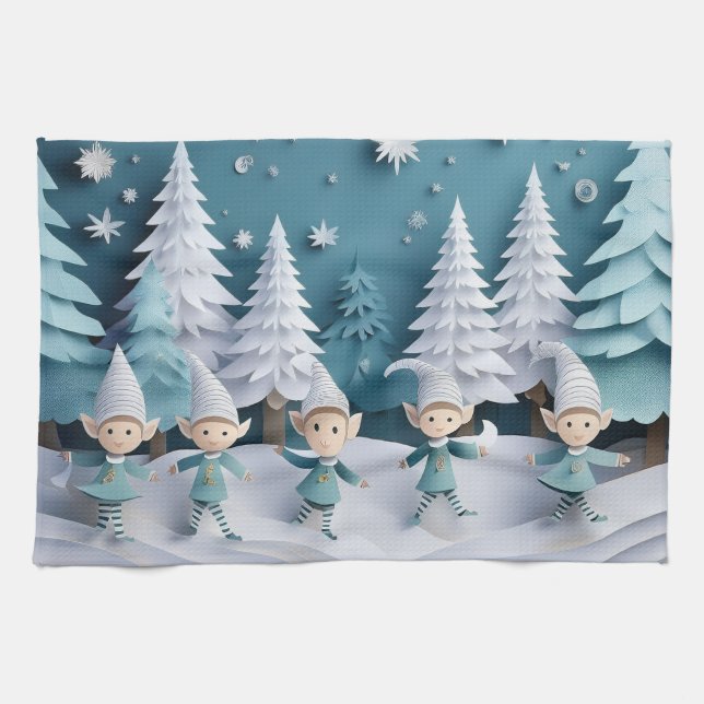 Linge De Cuisine Cutout Elves in the Snow Christmas  (Horizontal)