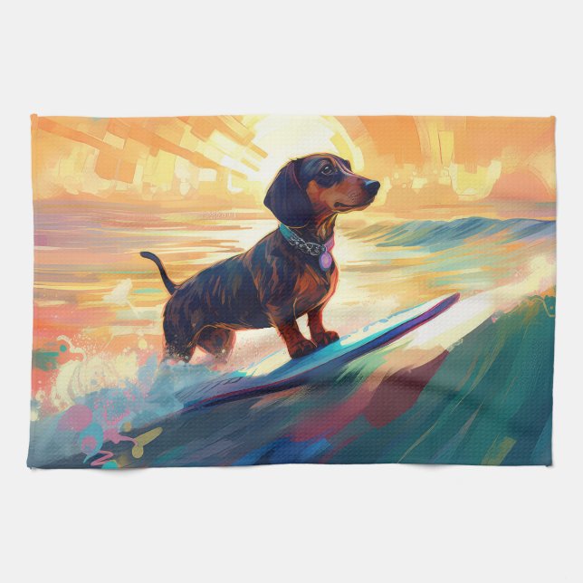 Linge De Cuisine Dachshund Beach Surf Peinture (Horizontal)