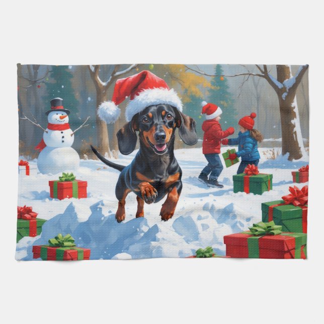Linge De Cuisine Dachshund Courir en neige avec Casquette de Noël (Horizontal)