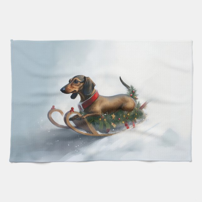 Linge De Cuisine Dachshund hiver neige de Noël (Horizontal)
