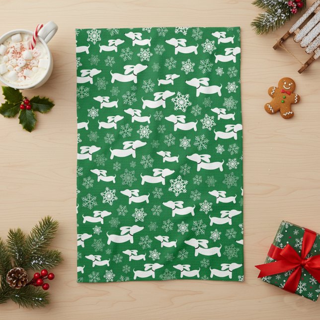 Linge De Cuisine Dachshund Noël Chef Cadeau Vert (Dachshund Christmas dish towel - green)