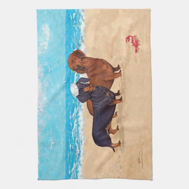 Linge De Cuisine Dachshunds à la plage (Vertical)